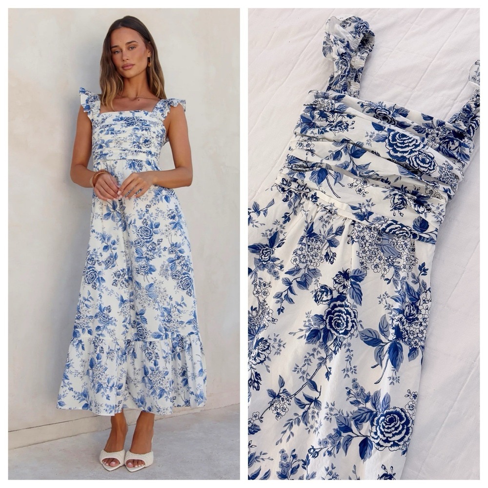 Moon River Blue and White Floral Smocked Maxi Dress